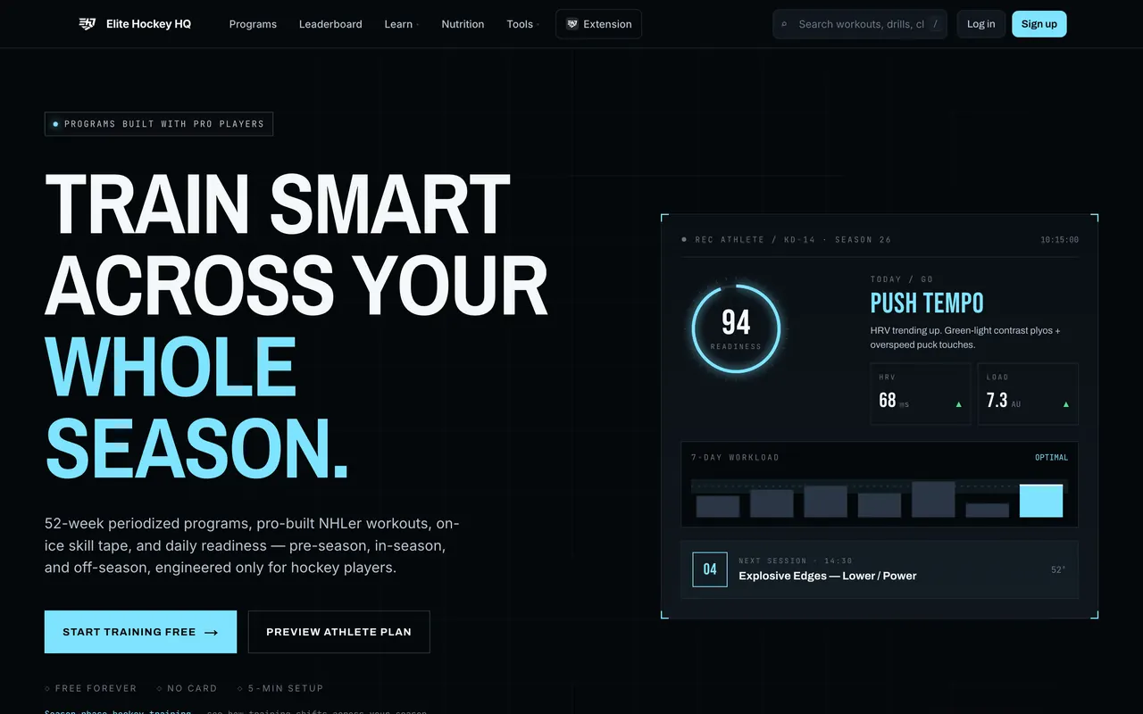Landing page of Elite Hockey HQ