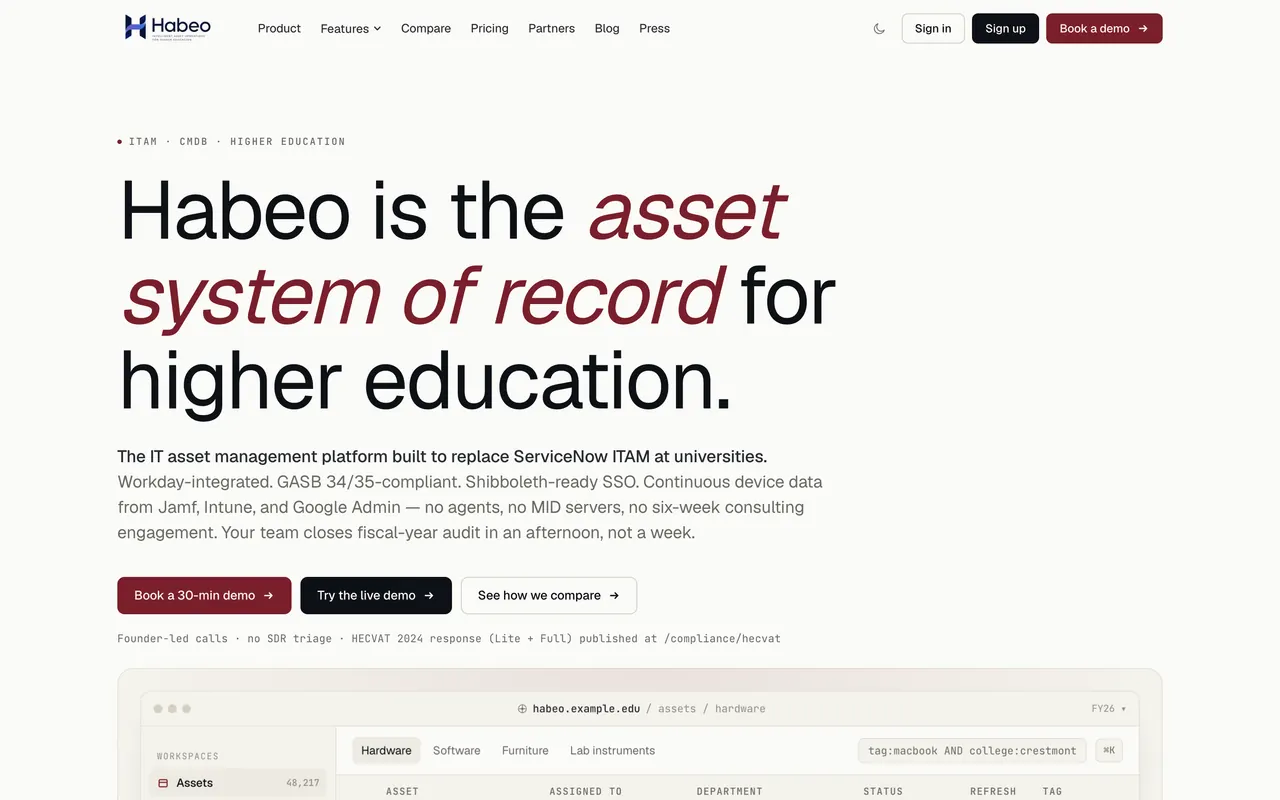 Landing page of Habeo