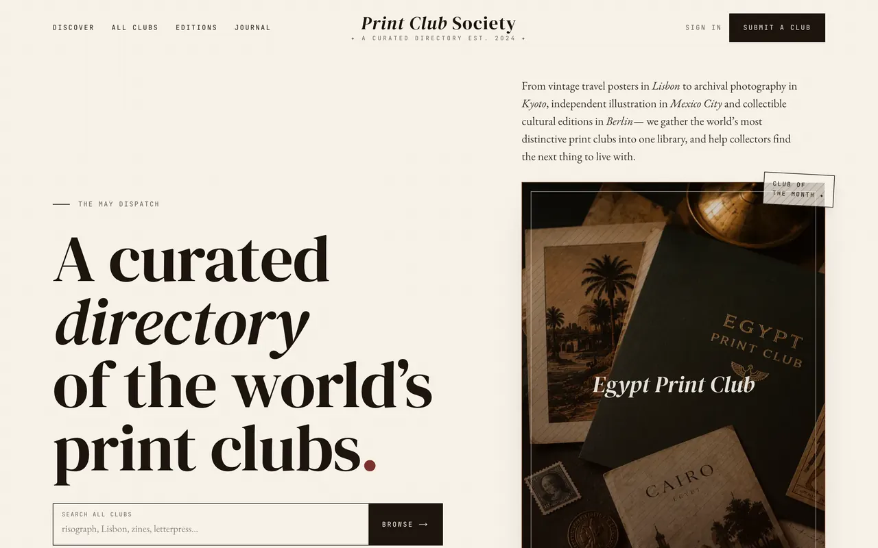 Landing page of Print Club Society