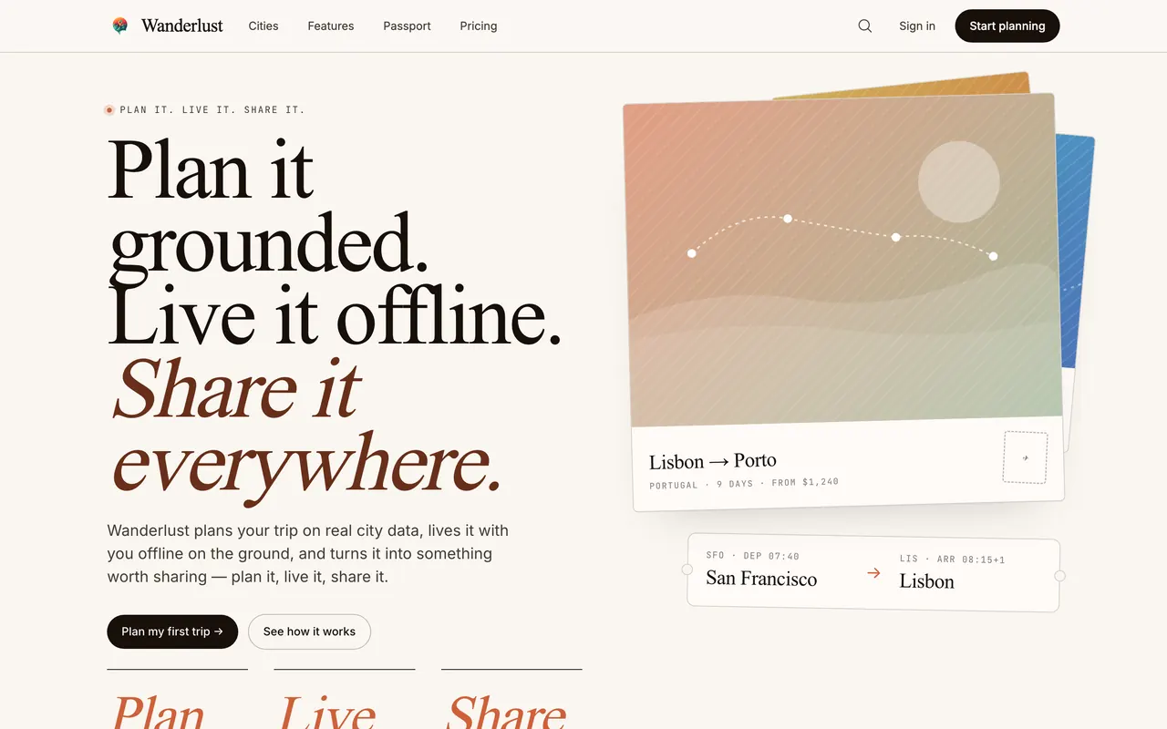 Landing page of Wanderlust App