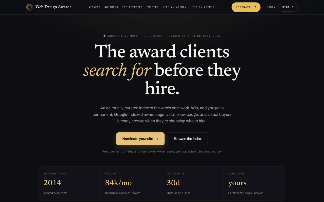 Landing page of Web Design Awards